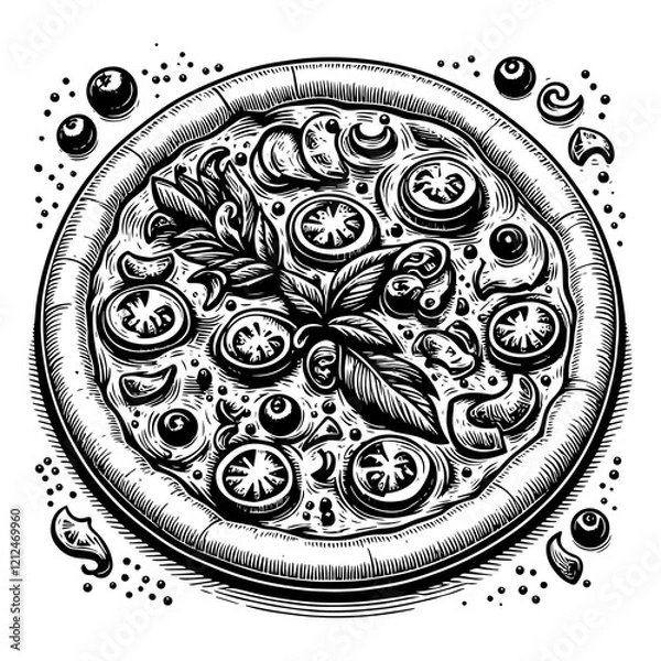 Fototapeta classic Margherita pizza with tomatoes, basil, and cheese, emphasizing Italian cuisine and artistry sketch engraving generative ai PNG illustration. Scratch board imitation. Black and white image.