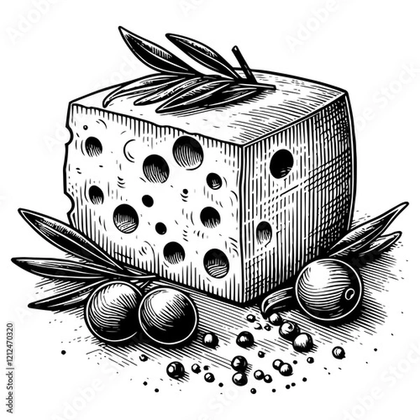 Fototapeta cheese block with signature holes, accompanied by olives, olive branches, and scattered peppercorns sketch engraving generative ai PNG illustration. Scratch board imitation. Black and white image.