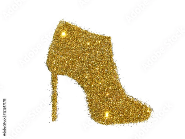 Fototapeta Ankle boot on high heel of golden glitter sparkle on white background