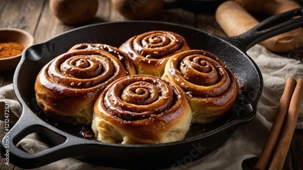 Fototapeta Freshly baked cinnamon rolls in a cast iron skillet, showcasing a delicious dessert.