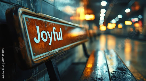 Fototapeta A close-up of a rustic wooden bench with "Joyful" on its back, in a blurry, warm-lit setting