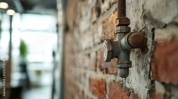 Fototapeta Rustic Pipe Valve on a Brick Wall in Industrial Style Setting