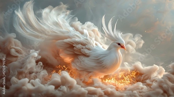 Fototapeta White phoenix rising from flames, ethereal smoke, fantasy art, spiritual imagery