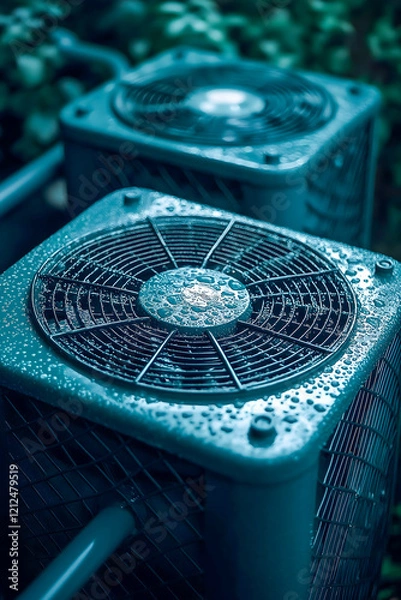 Fototapeta Close-Up of Rain-Drenched Air Conditioning Units with Grayscale Effect