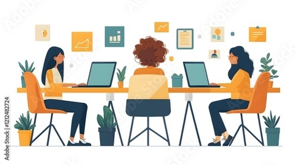 Fototapeta Online community members sharing insights and collaborating under a skilled community manager, 8K flat vector style,