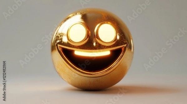 Fototapeta Golden Happy Emoji with Glowing Dollar Eyes, 3D Render, Smooth Texture, Metallic Finish, Isolated on White Background