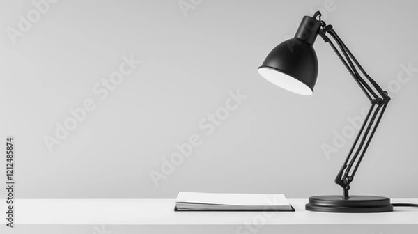 Fototapeta Black Desk Lamp with Notebook on Minimalist White Desk