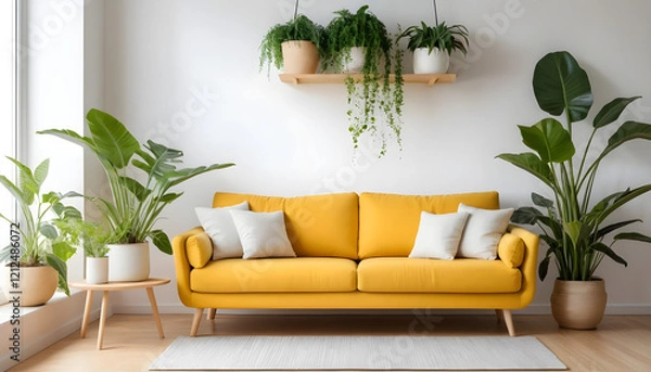Obraz AI image of living room yellow sofa and wooden table with ray of light from window