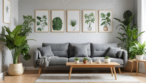 Fototapeta ai of ray of light in living room grey sofa design and white wall and wooden floor and wooden table