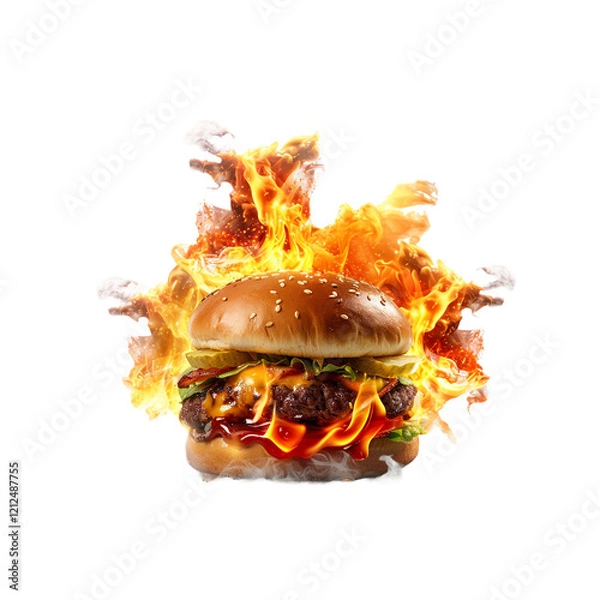 Obraz flaming burger isolated on transparent background