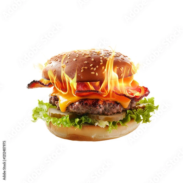 Fototapeta flaming burger isolated on transparent background