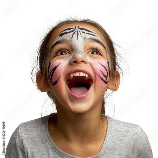 Obraz Joyful child with tiger face paint studio setting portrait photography bright background fun concept