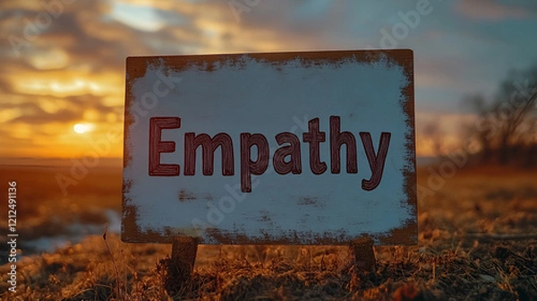 Fototapeta A white wooden sign with "Empathy" in red stands against a warm, blurred sunset background