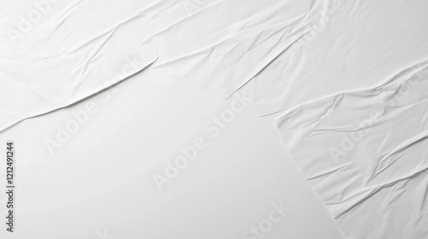 Fototapeta Minimalist high-resolution close-up of crumpled white paper surface. Smooth yet rippled texture with visible creases and folds. Even lighting enhances depth, realism, and tactile impression. A modern,