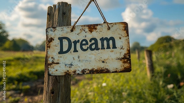 Fototapeta An old, rusty "Dream" sign hangs on a wooden post in a sunny, green field