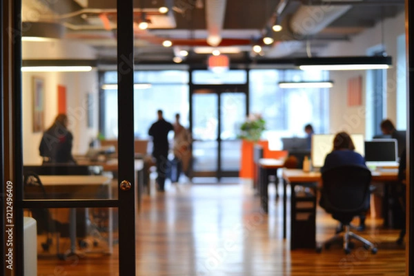 Fototapeta blurred background of office with people working and collaborating