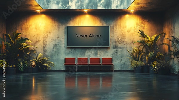 Fototapeta A minimalist waiting area with red seats, lush plants, and a "Never Alone" screen