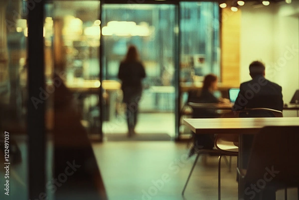 Fototapeta blurred office scene with people working and walking, creating dynamic atmosphere