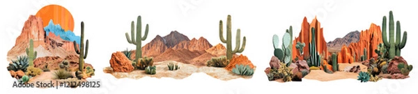 Fototapeta Abstract Desert Landscape Collage: Vibrant Retro-Futuristic Cactus and Canyon Design Inspired by Psychedelic Art and 80s Aesthetic.