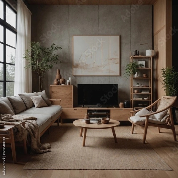 Obraz Japandi Style: A harmonious blend of Scandinavian and Japanese design featuring natural wood tones and simplicity.