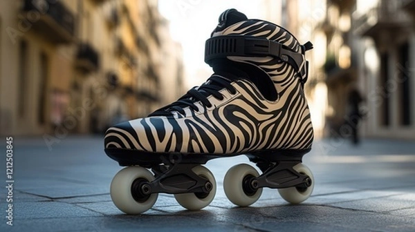 Fototapeta Zebra pattern roller skate on city street with background blur focus.