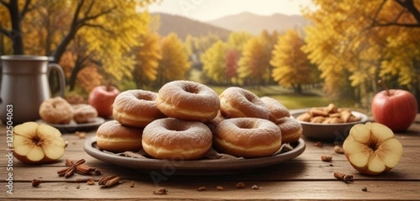 Fototapeta Apple cider donuts on a wooden table with a fall background, sweet treats, donut shop
