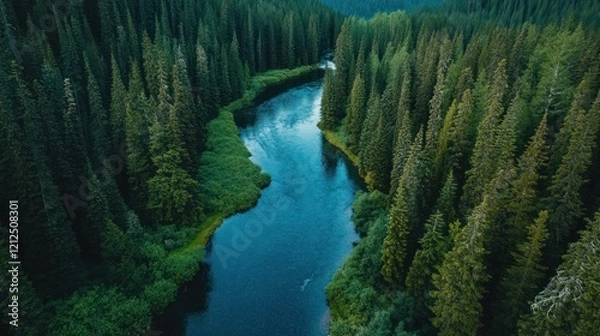 Fototapeta Aerial View of Serene River Winding Through Lush Evergreen Forest