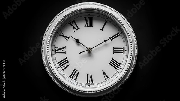 Fototapeta A white clock with Roman numerals sits on a dark surface