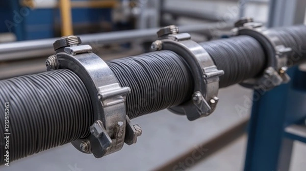 Obraz Close-up of flexible hose with metal casing, secure clamps in industrial setting.