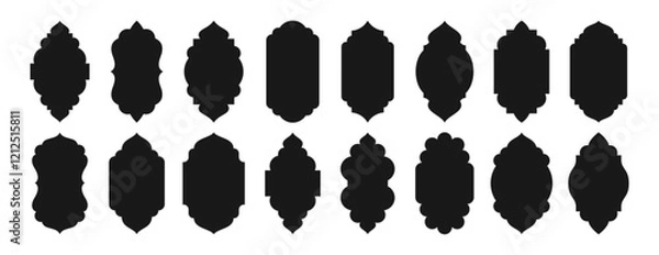 Fototapeta Traditional islamic window shapes in oriental style. Set of black silhouette eid mubarak decorative arches, moroccan gates or mosque borders. Arabic muslim architecture frames, ramadan design elements