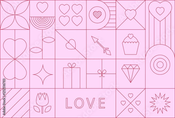 Obraz Modern Valentine's day geometric background with simple line elements. Creative abstract bauhaus design. Vector illustration.