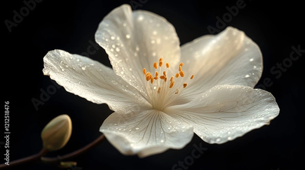 Fototapeta A single, beautiful white orchid bloom on a deep dark background