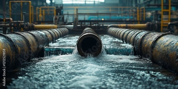 Fototapeta Industrial water pipes in a dimly lit factory setting, showcasing urban decay. Ideal for environmental, industrial, and architectural projects.