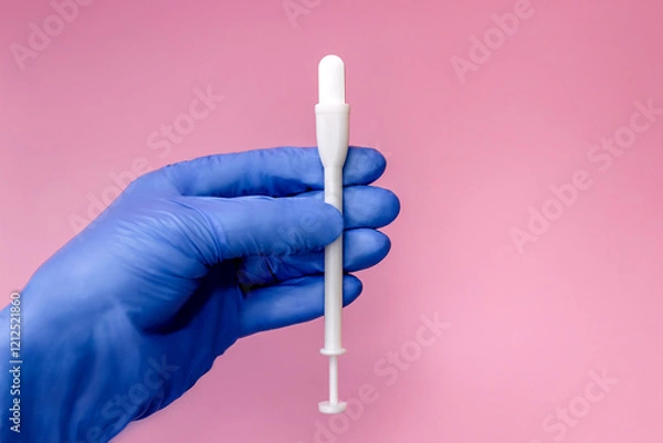 Fototapeta Vaginal tablet and applicator in hand on pink background. Close up. Place for text. Caring for women's health.