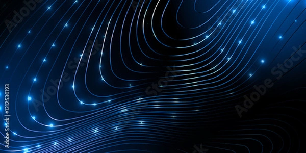 Fototapeta Abstract Background. Glowing blue lines and stars on a dark background, creating a futuristic and dynamic wave pattern. Copy space