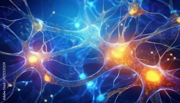 Obraz Neuron cells system network with interconnected neurons cells with electrical pulses conceptual medical image healthcare concept