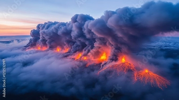 Fototapeta Aerial View of Volcanic Eruption at Dusk Fiery Lava Flow Dramatic Smoke Plume Iceland Landscape