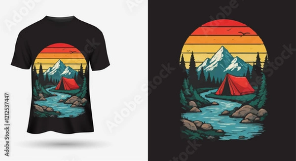 Obraz Adventure at the mountain graphic artwork for t shirt and others. Mountain with tree retro vintage print design.
