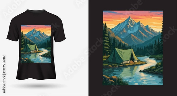 Obraz Adventure at the mountain graphic artwork for t shirt and others. Mountain with tree retro vintage print design.
