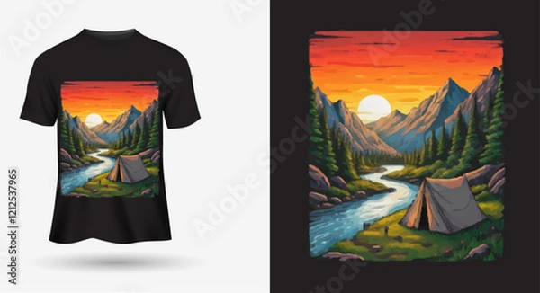 Obraz Adventure at the mountain graphic artwork for t shirt and others. Mountain with tree retro vintage print design.
