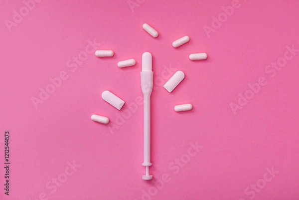 Fototapeta Vaginal suppositories with pills on a pink background. Caring for women's health. Close up of the product. Flat styling. Place for text