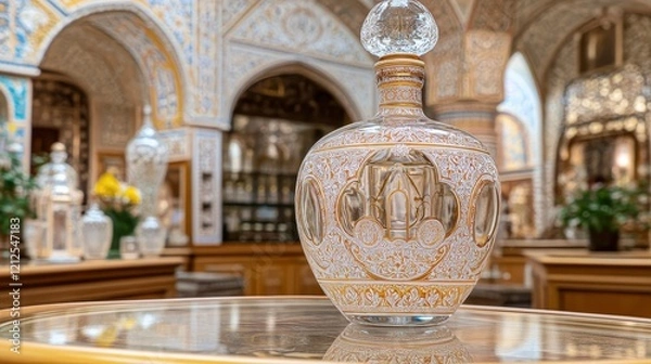 Fototapeta Elegant Ornate Glass Perfume Bottle on Table in Luxurious Palace Setting
