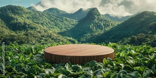 Fototapeta Natural Wooden Desk Setting with Soothing Tea Plantation Backdrop. Product display background, wood table, tea plantation, natural setting, green leaves