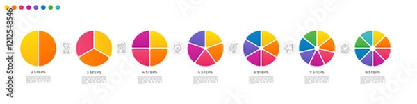 Fototapeta Circle division vector infographics icon set from 2 to 8. Different color circles chart divided 2, 3, 4, 5, 6, 7, 8 equal parts. Business round diagram with same size sectors, fraction.