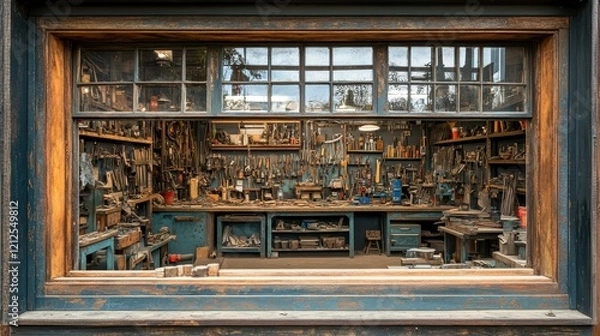 Fototapeta Rustic Workshop Interior View Through Old Wooden Window Vintage Tools Equipment