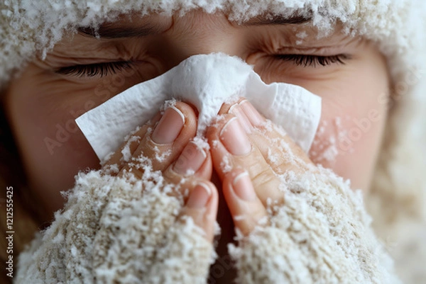 Fototapeta A woman blowing her nose with a tissue, showing a tired expression and shiny eyes from a cold. Dressed in a warm sweater, she sits against a blurred background, evoking a sense of loneliness and quiet