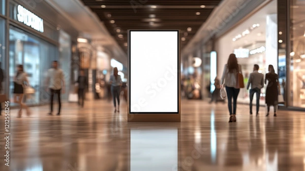 Fototapeta Blank digital advertising screen in a busy shopping mall with blurred shoppers in the background. Perfect for mockups and marketing design.