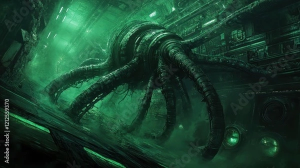 Obraz Control systems evolve into tentacle-like cables, reactor vessels rotate in slow motion, cracking units glow in alien hues.