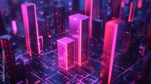 Obraz A D bar graph with glowing bars on a futuristic digital interface, surrounded by holographic data points, representing advanced analytics and tech innovation.