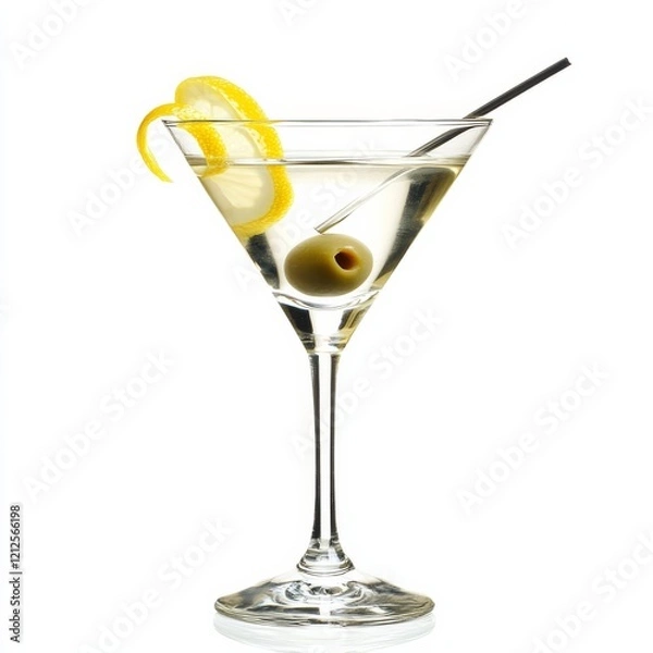 Fototapeta An elegant martini with an olive and lemon twist, presented against an isolated white background, minimalism art style